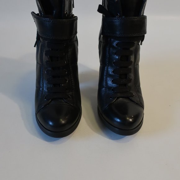 Womens Prada Black Leather Lace-Up Block Heeled Combat Booties 38.5 US/8.5 * - Picture 6 of 16